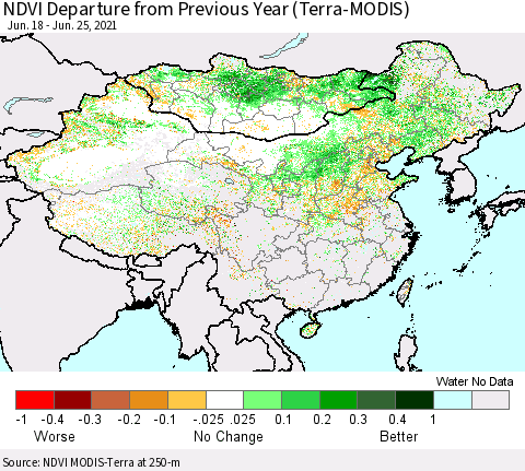 China, Mongolia and Taiwan NDVI Departure from Previous Year (Terra-MODIS) Thematic Map For 6/18/2021 - 6/25/2021