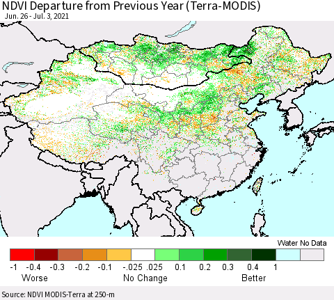 China, Mongolia and Taiwan NDVI Departure from Previous Year (Terra-MODIS) Thematic Map For 6/26/2021 - 7/3/2021