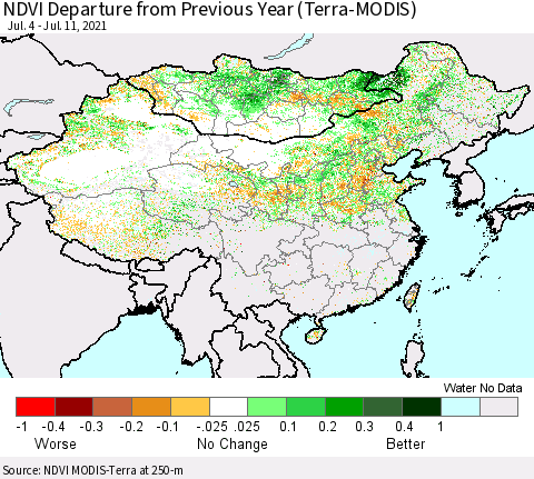 China, Mongolia and Taiwan NDVI Departure from Previous Year (Terra-MODIS) Thematic Map For 7/4/2021 - 7/11/2021