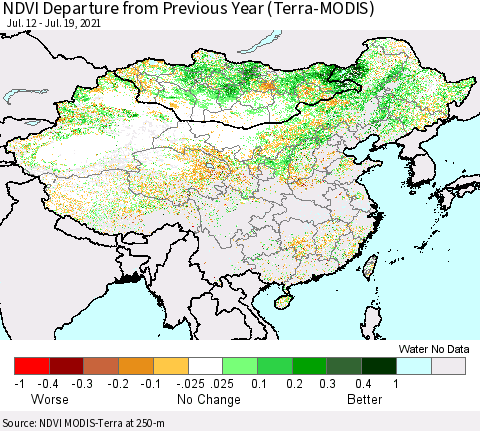 China, Mongolia and Taiwan NDVI Departure from Previous Year (Terra-MODIS) Thematic Map For 7/12/2021 - 7/19/2021