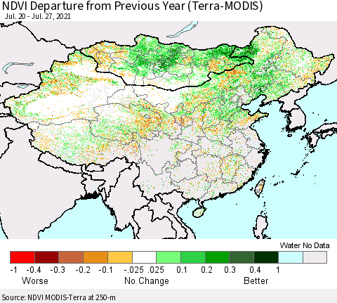 China, Mongolia and Taiwan NDVI Departure from Previous Year (Terra-MODIS) Thematic Map For 7/20/2021 - 7/27/2021