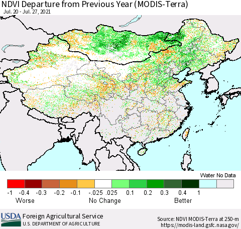 China and Taiwan NDVI Departure from Previous Year (Terra-MODIS) Thematic Map For 7/21/2021 - 7/31/2021