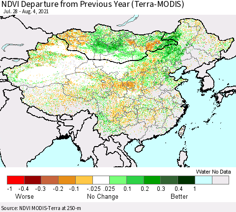 China, Mongolia and Taiwan NDVI Departure from Previous Year (Terra-MODIS) Thematic Map For 7/28/2021 - 8/4/2021