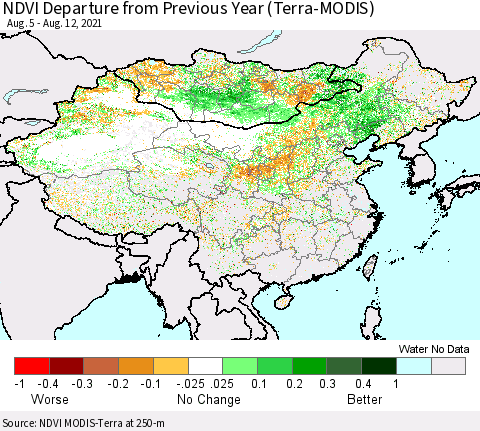 China, Mongolia and Taiwan NDVI Departure from Previous Year (Terra-MODIS) Thematic Map For 8/5/2021 - 8/12/2021