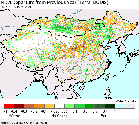 China, Mongolia and Taiwan NDVI Departure from Previous Year (Terra-MODIS) Thematic Map For 8/21/2021 - 8/28/2021