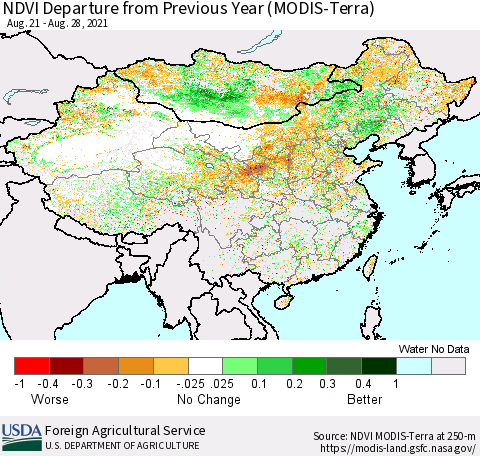 China and Taiwan NDVI Departure from Previous Year (Terra-MODIS) Thematic Map For 8/21/2021 - 8/31/2021
