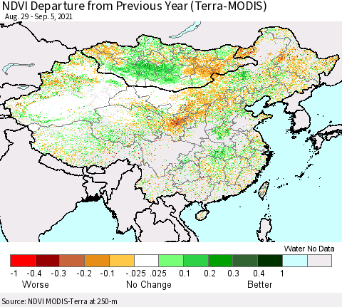 China, Mongolia and Taiwan NDVI Departure from Previous Year (Terra-MODIS) Thematic Map For 8/29/2021 - 9/5/2021