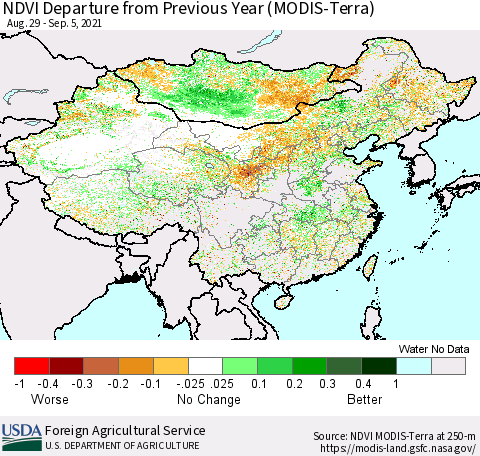 China and Taiwan NDVI Departure from Previous Year (Terra-MODIS) Thematic Map For 9/1/2021 - 9/10/2021