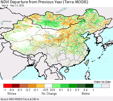 China, Mongolia and Taiwan NDVI Departure from Previous Year (Terra-MODIS) Thematic Map For 9/6/2021 - 9/13/2021