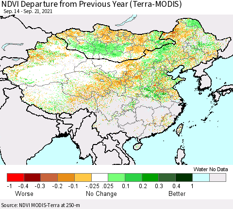 China, Mongolia and Taiwan NDVI Departure from Previous Year (Terra-MODIS) Thematic Map For 9/14/2021 - 9/21/2021