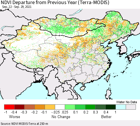 China, Mongolia and Taiwan NDVI Departure from Previous Year (Terra-MODIS) Thematic Map For 9/22/2021 - 9/29/2021