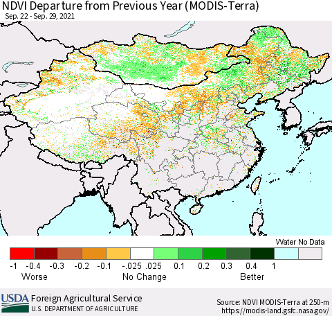 China and Taiwan NDVI Departure from Previous Year (Terra-MODIS) Thematic Map For 9/21/2021 - 9/30/2021