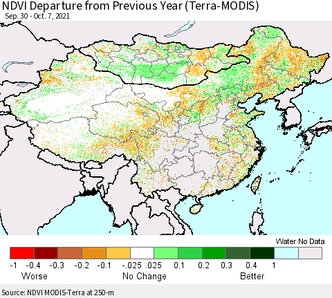 China, Mongolia and Taiwan NDVI Departure from Previous Year (Terra-MODIS) Thematic Map For 9/30/2021 - 10/7/2021
