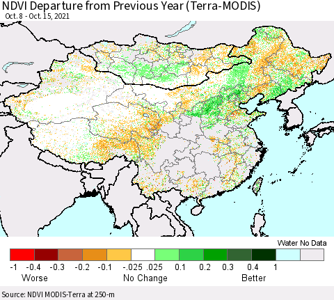 China, Mongolia and Taiwan NDVI Departure from Previous Year (Terra-MODIS) Thematic Map For 10/8/2021 - 10/15/2021