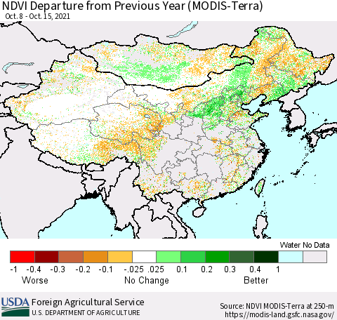 China and Taiwan NDVI Departure from Previous Year (Terra-MODIS) Thematic Map For 10/11/2021 - 10/20/2021