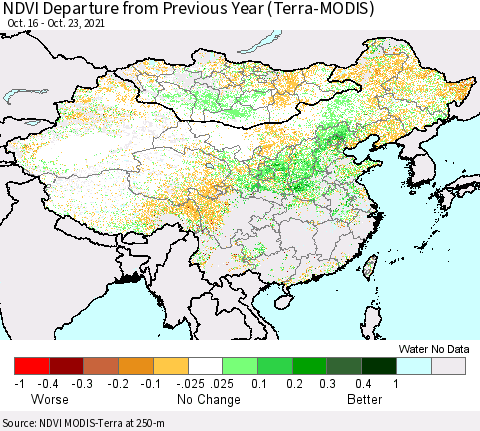 China, Mongolia and Taiwan NDVI Departure from Previous Year (Terra-MODIS) Thematic Map For 10/16/2021 - 10/23/2021