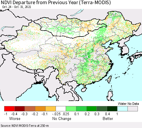China and Taiwan NDVI Departure from Previous Year (Terra-MODIS) Thematic Map For 10/21/2021 - 10/31/2021