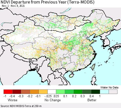 China, Mongolia and Taiwan NDVI Departure from Previous Year (Terra-MODIS) Thematic Map For 11/1/2021 - 11/8/2021