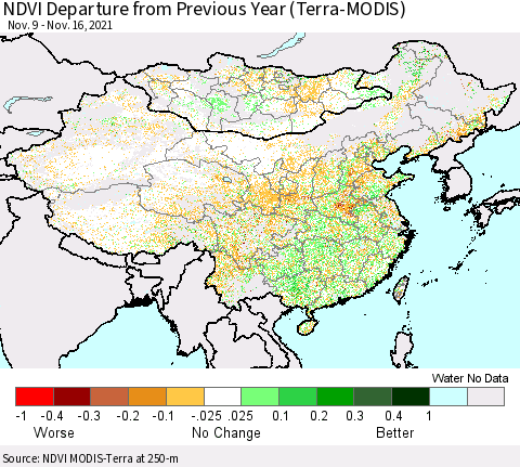 China, Mongolia and Taiwan NDVI Departure from Previous Year (Terra-MODIS) Thematic Map For 11/9/2021 - 11/16/2021