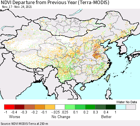 China, Mongolia and Taiwan NDVI Departure from Previous Year (Terra-MODIS) Thematic Map For 11/17/2021 - 11/24/2021