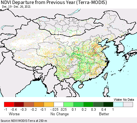 China, Mongolia and Taiwan NDVI Departure from Previous Year (Terra-MODIS) Thematic Map For 12/19/2021 - 12/26/2021