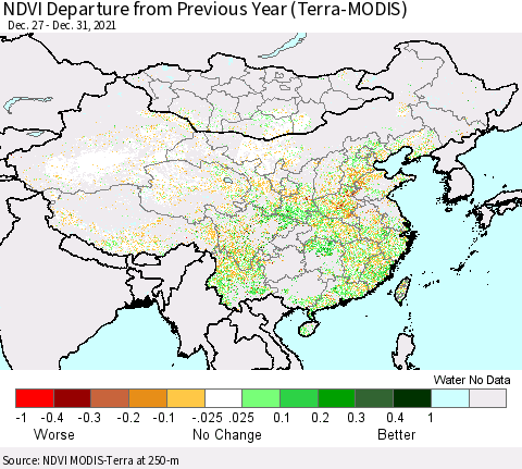 China, Mongolia and Taiwan NDVI Departure from Previous Year (Terra-MODIS) Thematic Map For 12/26/2021 - 1/2/2022
