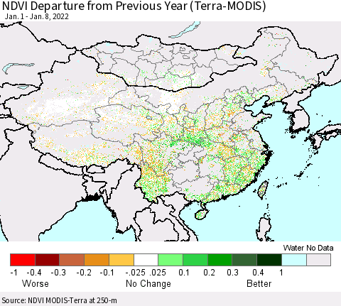 China, Mongolia and Taiwan NDVI Departure from Previous Year (Terra-MODIS) Thematic Map For 1/1/2022 - 1/8/2022