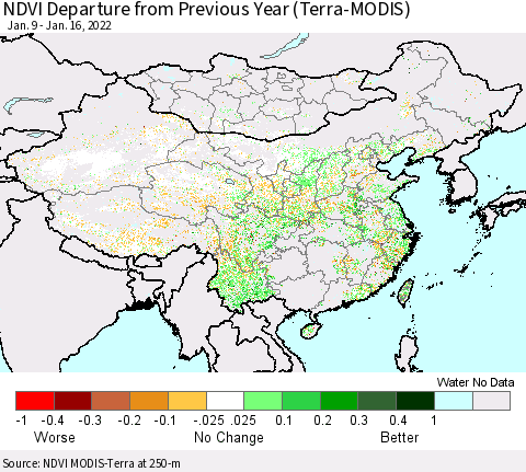 China, Mongolia and Taiwan NDVI Departure from Previous Year (Terra-MODIS) Thematic Map For 1/9/2022 - 1/16/2022