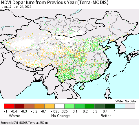 China, Mongolia and Taiwan NDVI Departure from Previous Year (Terra-MODIS) Thematic Map For 1/17/2022 - 1/24/2022
