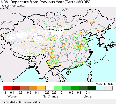 China, Mongolia and Taiwan NDVI Departure from Previous Year (Terra-MODIS) Thematic Map For 1/25/2022 - 2/1/2022
