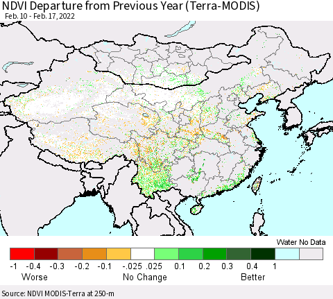 China, Mongolia and Taiwan NDVI Departure from Previous Year (Terra-MODIS) Thematic Map For 2/10/2022 - 2/17/2022