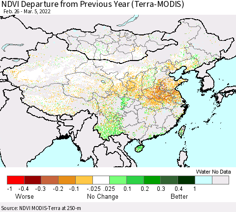 China, Mongolia and Taiwan NDVI Departure from Previous Year (Terra-MODIS) Thematic Map For 2/26/2022 - 3/5/2022