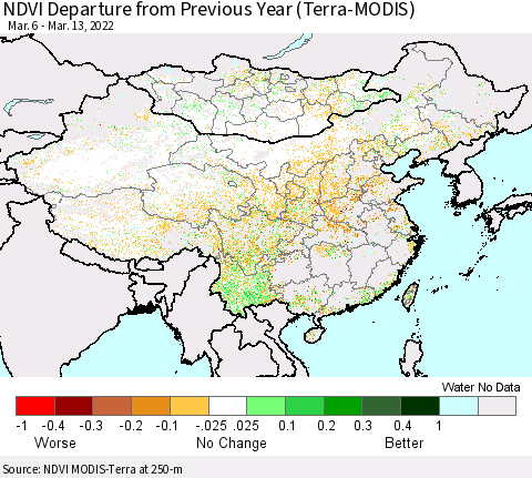 China, Mongolia and Taiwan NDVI Departure from Previous Year (Terra-MODIS) Thematic Map For 3/6/2022 - 3/13/2022