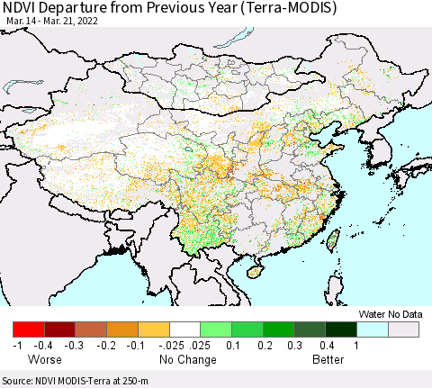 China, Mongolia and Taiwan NDVI Departure from Previous Year (Terra-MODIS) Thematic Map For 3/14/2022 - 3/21/2022