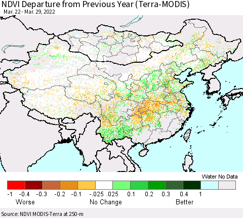 China, Mongolia and Taiwan NDVI Departure from Previous Year (Terra-MODIS) Thematic Map For 3/22/2022 - 3/29/2022