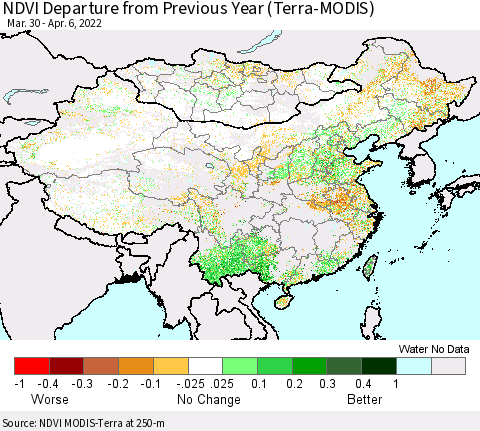China, Mongolia and Taiwan NDVI Departure from Previous Year (Terra-MODIS) Thematic Map For 3/30/2022 - 4/6/2022