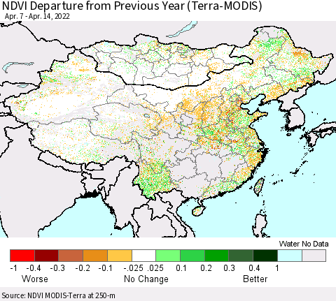 China, Mongolia and Taiwan NDVI Departure from Previous Year (Terra-MODIS) Thematic Map For 4/7/2022 - 4/14/2022