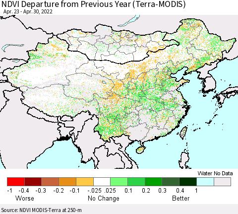 China, Mongolia and Taiwan NDVI Departure from Previous Year (Terra-MODIS) Thematic Map For 4/23/2022 - 4/30/2022