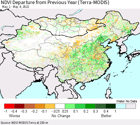 China, Mongolia and Taiwan NDVI Departure from Previous Year (Terra-MODIS) Thematic Map For 5/1/2022 - 5/8/2022