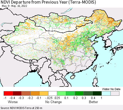 China, Mongolia and Taiwan NDVI Departure from Previous Year (Terra-MODIS) Thematic Map For 5/9/2022 - 5/16/2022