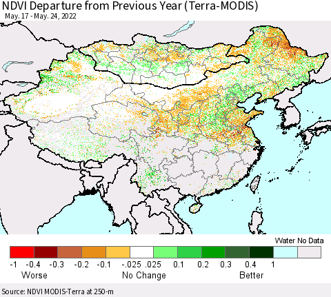 China, Mongolia and Taiwan NDVI Departure from Previous Year (Terra-MODIS) Thematic Map For 5/17/2022 - 5/24/2022