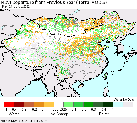 China, Mongolia and Taiwan NDVI Departure from Previous Year (Terra-MODIS) Thematic Map For 5/25/2022 - 6/1/2022