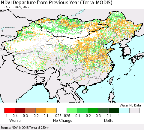 China, Mongolia and Taiwan NDVI Departure from Previous Year (Terra-MODIS) Thematic Map For 6/2/2022 - 6/9/2022