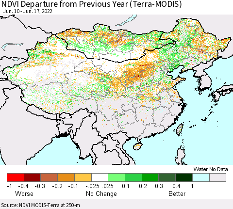 China, Mongolia and Taiwan NDVI Departure from Previous Year (Terra-MODIS) Thematic Map For 6/10/2022 - 6/17/2022