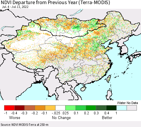 China, Mongolia and Taiwan NDVI Departure from Previous Year (Terra-MODIS) Thematic Map For 7/4/2022 - 7/11/2022