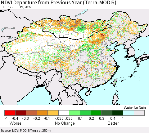 China, Mongolia and Taiwan NDVI Departure from Previous Year (Terra-MODIS) Thematic Map For 7/12/2022 - 7/19/2022