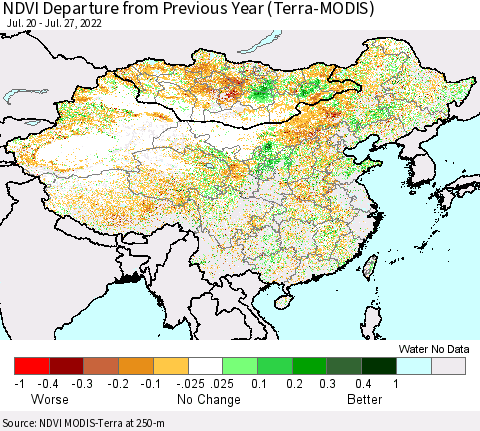 China, Mongolia and Taiwan NDVI Departure from Previous Year (Terra-MODIS) Thematic Map For 7/20/2022 - 7/27/2022