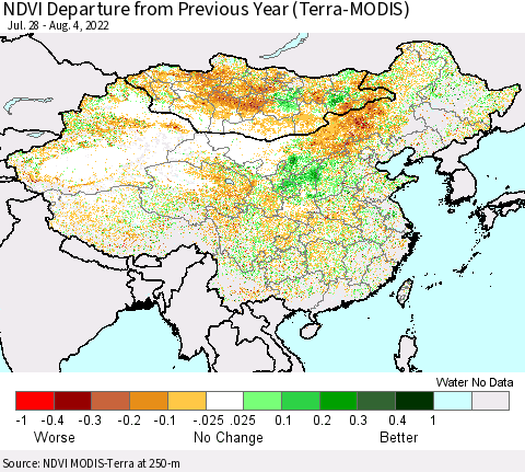 China, Mongolia and Taiwan NDVI Departure from Previous Year (Terra-MODIS) Thematic Map For 7/28/2022 - 8/4/2022