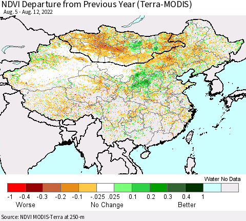 China, Mongolia and Taiwan NDVI Departure from Previous Year (Terra-MODIS) Thematic Map For 8/5/2022 - 8/12/2022