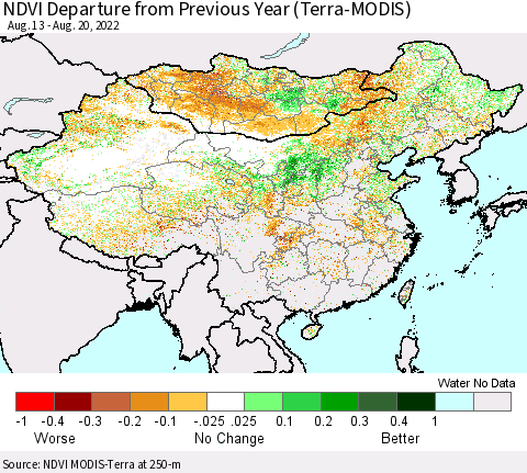 China, Mongolia and Taiwan NDVI Departure from Previous Year (Terra-MODIS) Thematic Map For 8/13/2022 - 8/20/2022